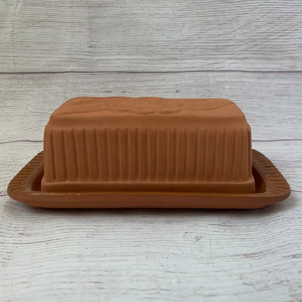 Vintage Terracotta Butter Dish Floral Textured Lid by American Container Co.
